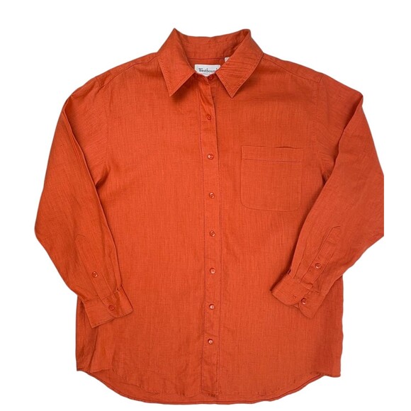 Westbound Orange Linen Button-Up LS Blouse Minimalist Beach Natural Large - Picture 1 of 14